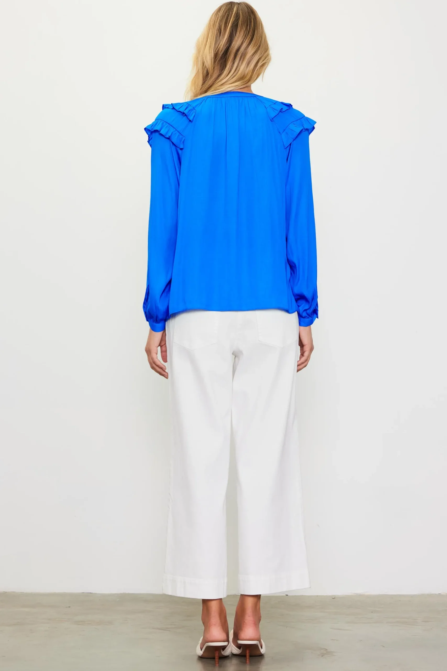 SKIES ARE BLUE Adele Ruffled Split Neck Top* Blouses|Long Sleeve Tops