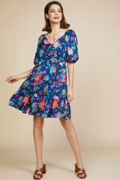 SKIES ARE BLUE Aquatic Floral Surplice Short Dress* Mini Dresses