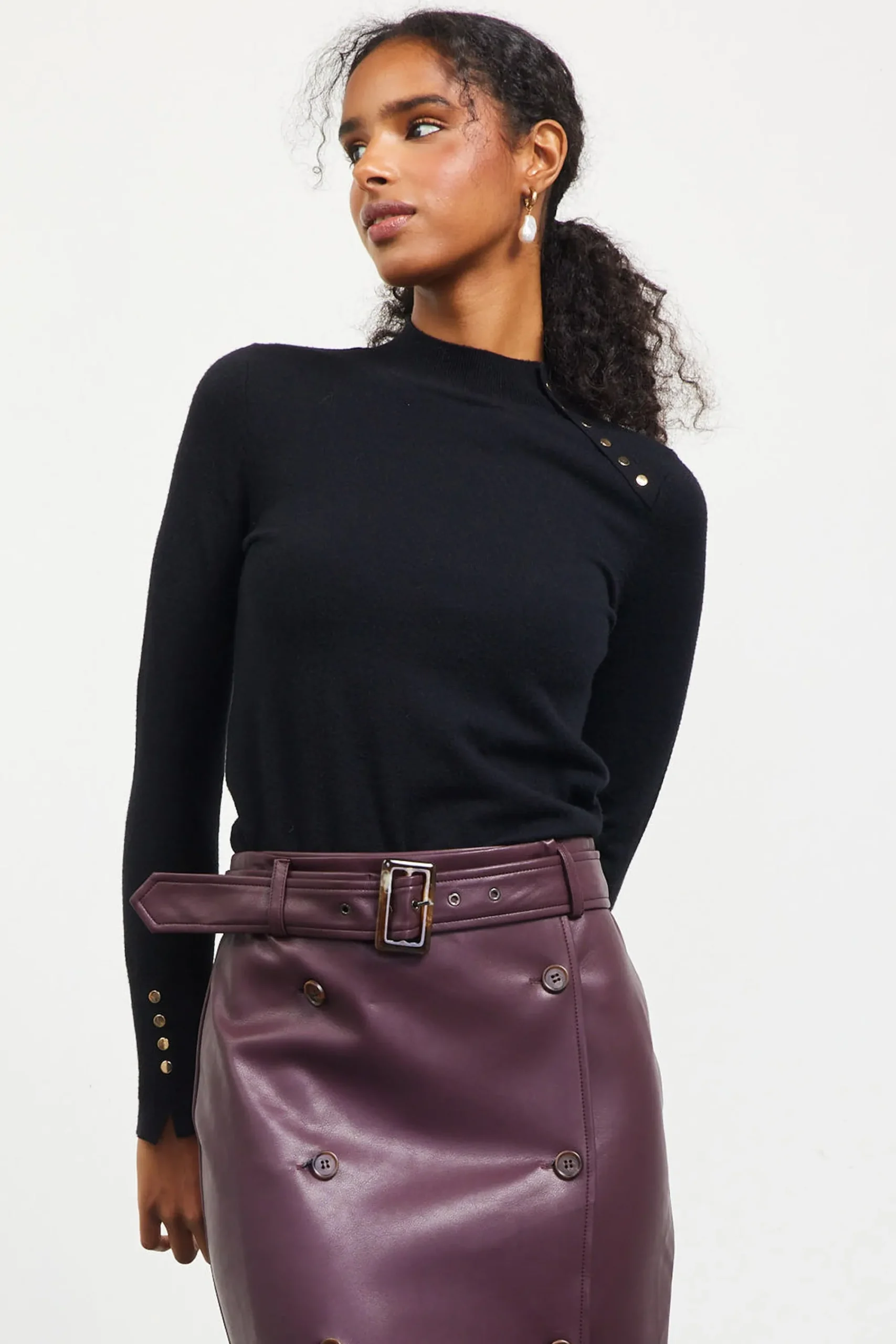 SKIES ARE BLUE Button Detail Mock Neck Sweater* Long Sleeve Tops|Sweaters