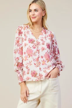 SKIES ARE BLUE Ceres Floral Print Smocked Detail Top* Long Sleeve Tops