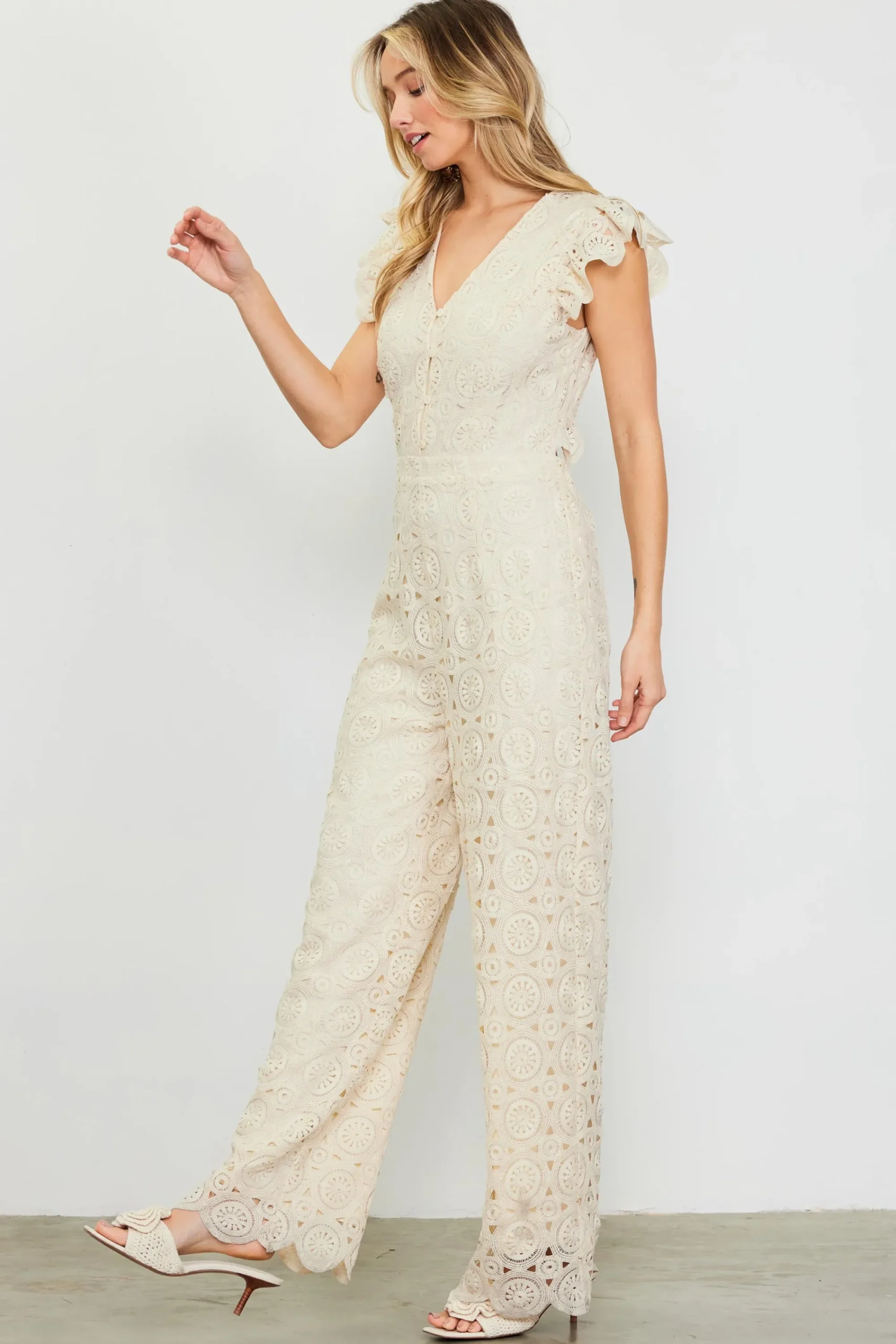 SKIES ARE BLUE Crochet Ruffled Sleeve Jumpsuit* Jumpsuits