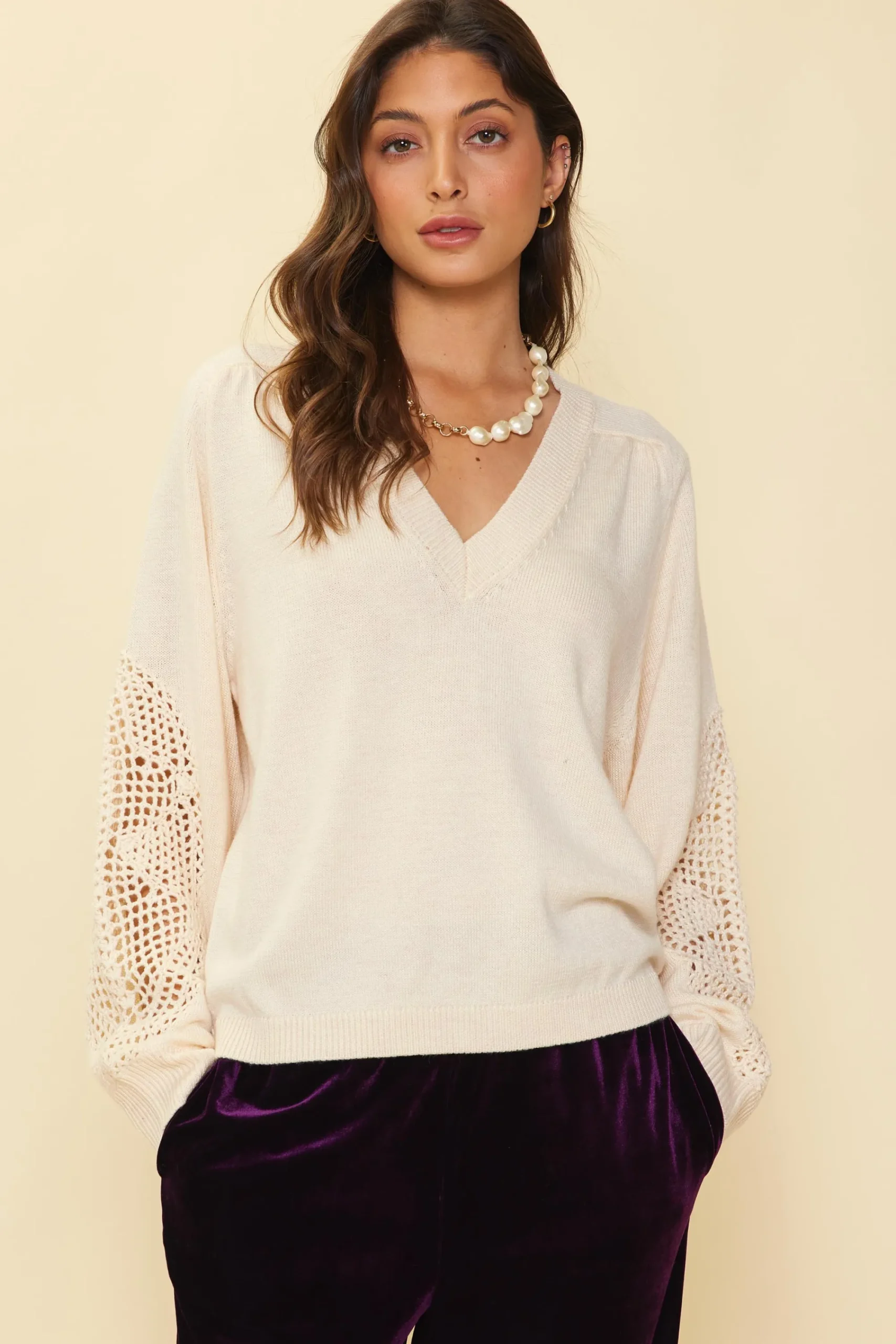 SKIES ARE BLUE Crochet Sleeve Knit Sweater* Sweaters