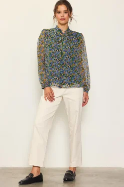 SKIES ARE BLUE Daisy Print Neck Tie Blouse* Blouses|Long Sleeve Tops