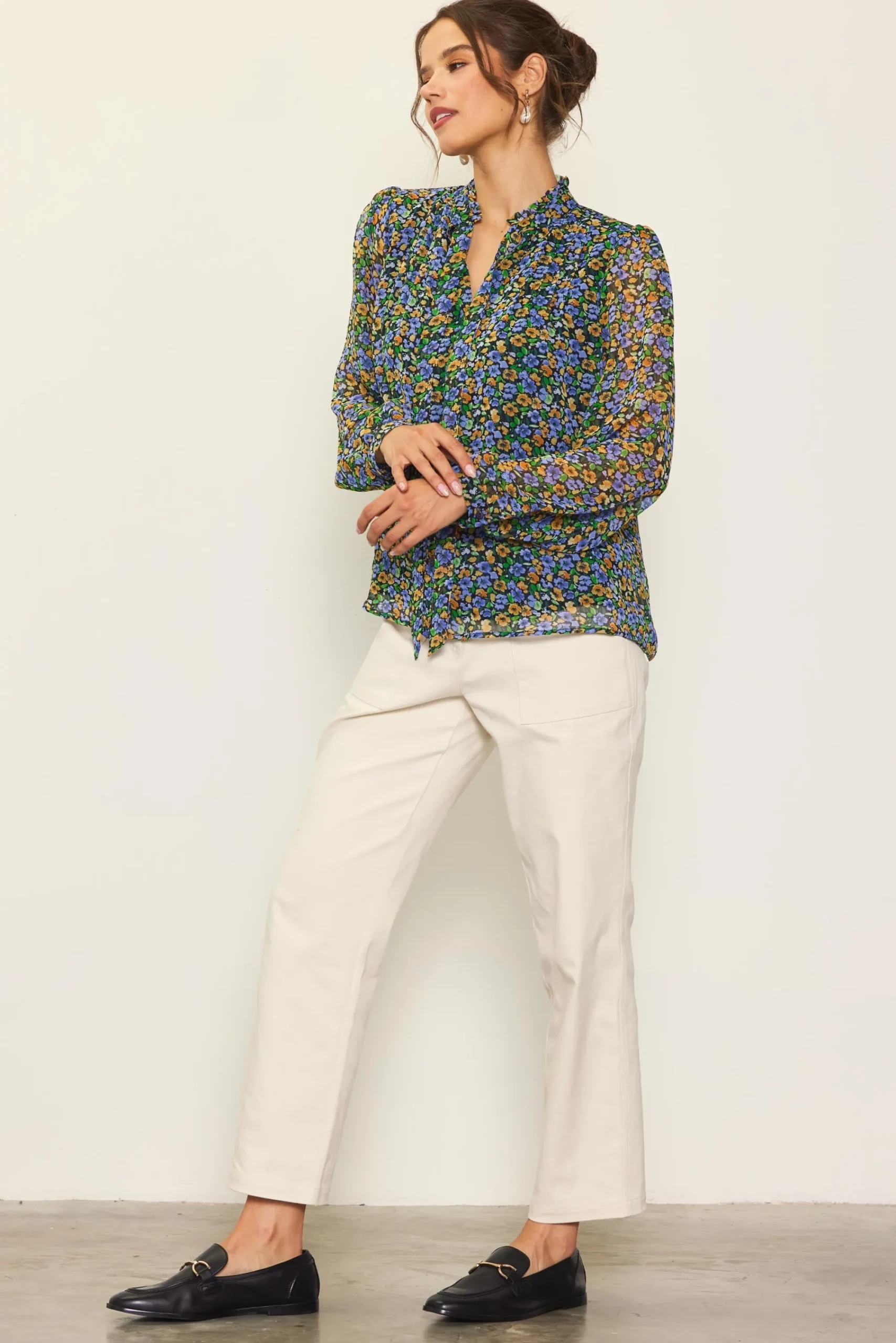 SKIES ARE BLUE Daisy Print Neck Tie Blouse* Blouses|Long Sleeve Tops