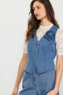SKIES ARE BLUE Denim Vest With Detachable Rosette* Sleeveless Tops