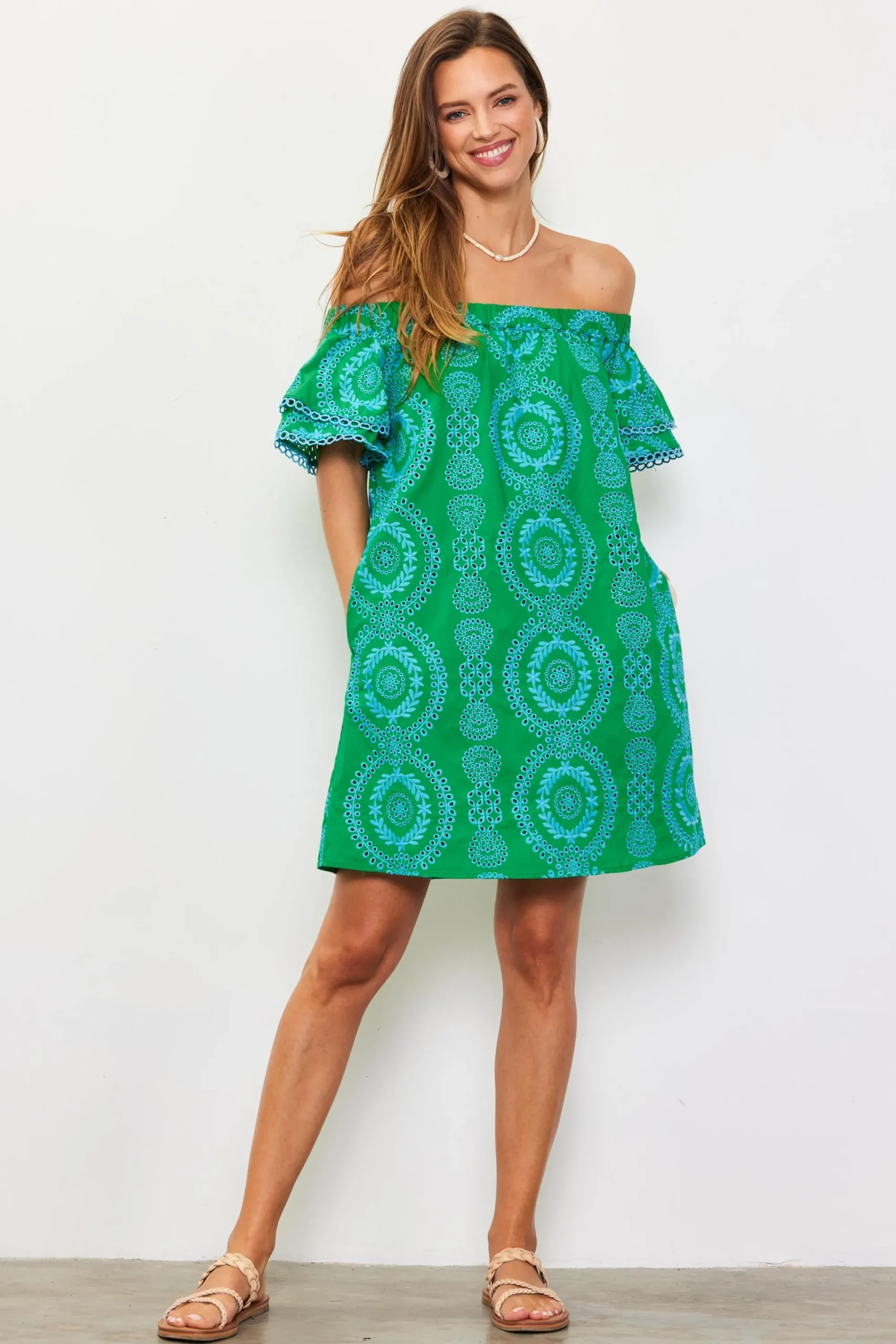 SKIES ARE BLUE Embroidered Eyelet Off Shoulder Dress* Mini Dresses