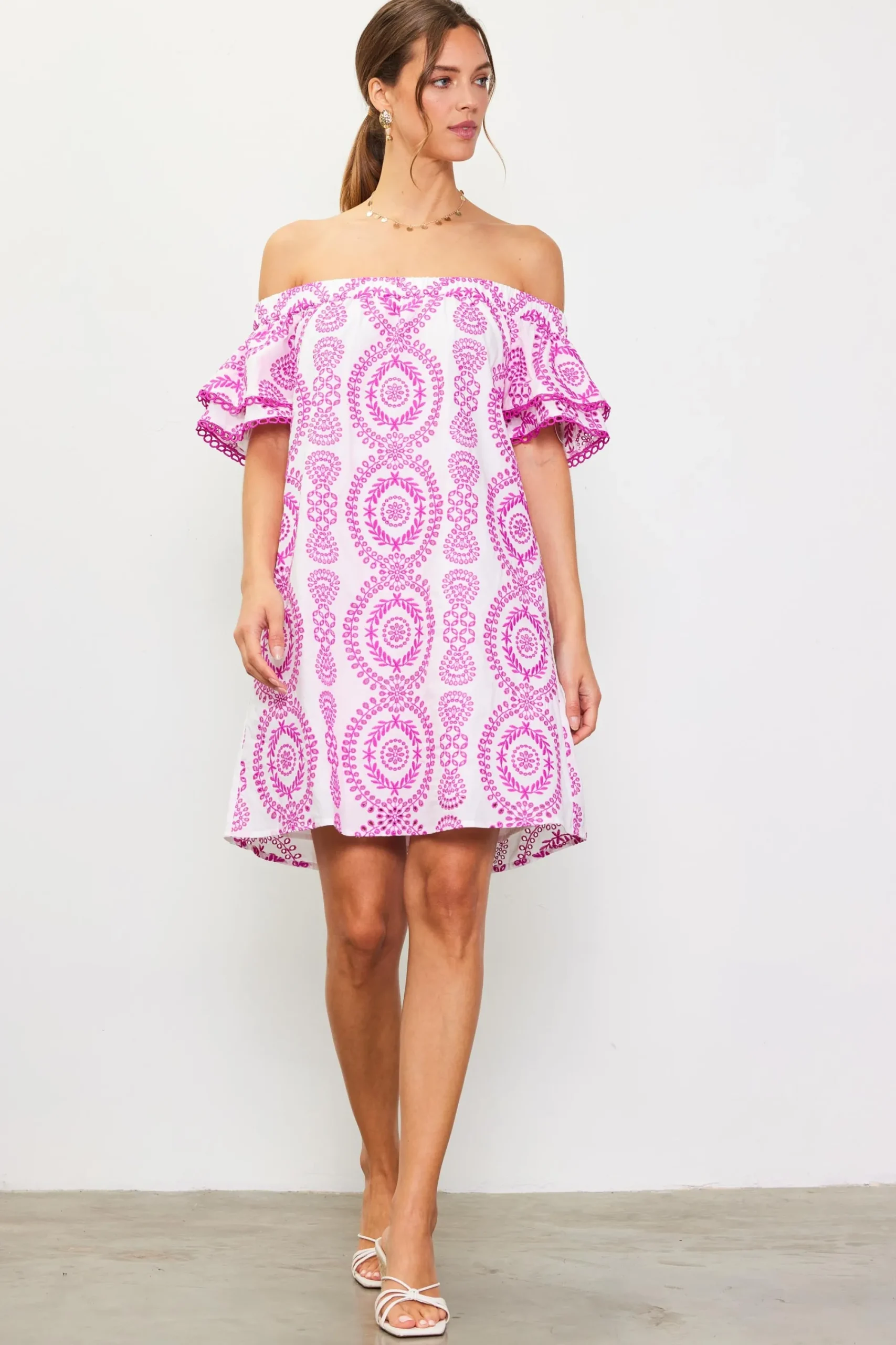 SKIES ARE BLUE Embroidered Eyelet Off Shoulder Dress* Mini Dresses