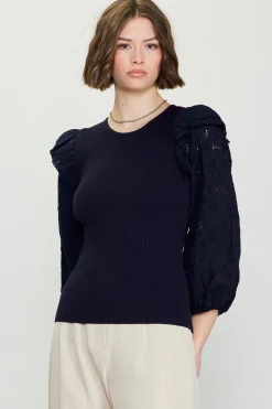 SKIES ARE BLUE Eyelet Ruffle Sleeve Knit Top* Long Sleeve Tops