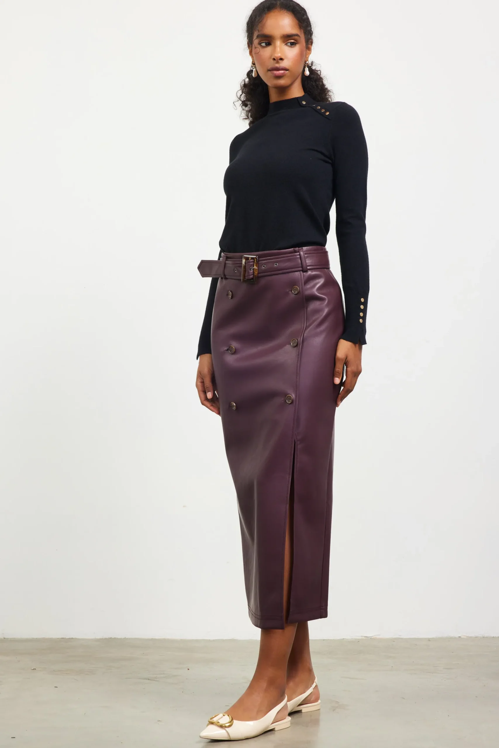 SKIES ARE BLUE Faux Leather Belted Midi Skirt* Skirts