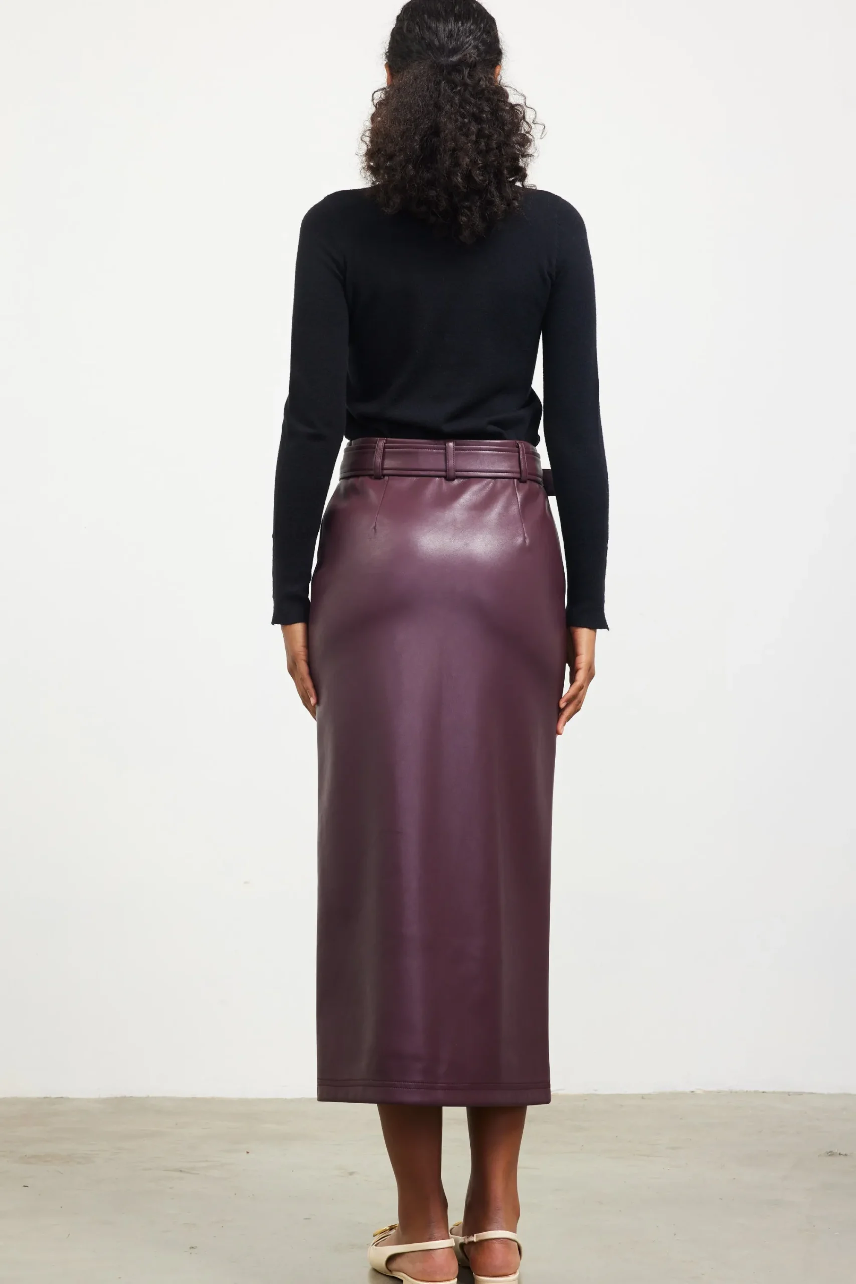 SKIES ARE BLUE Faux Leather Belted Midi Skirt* Skirts