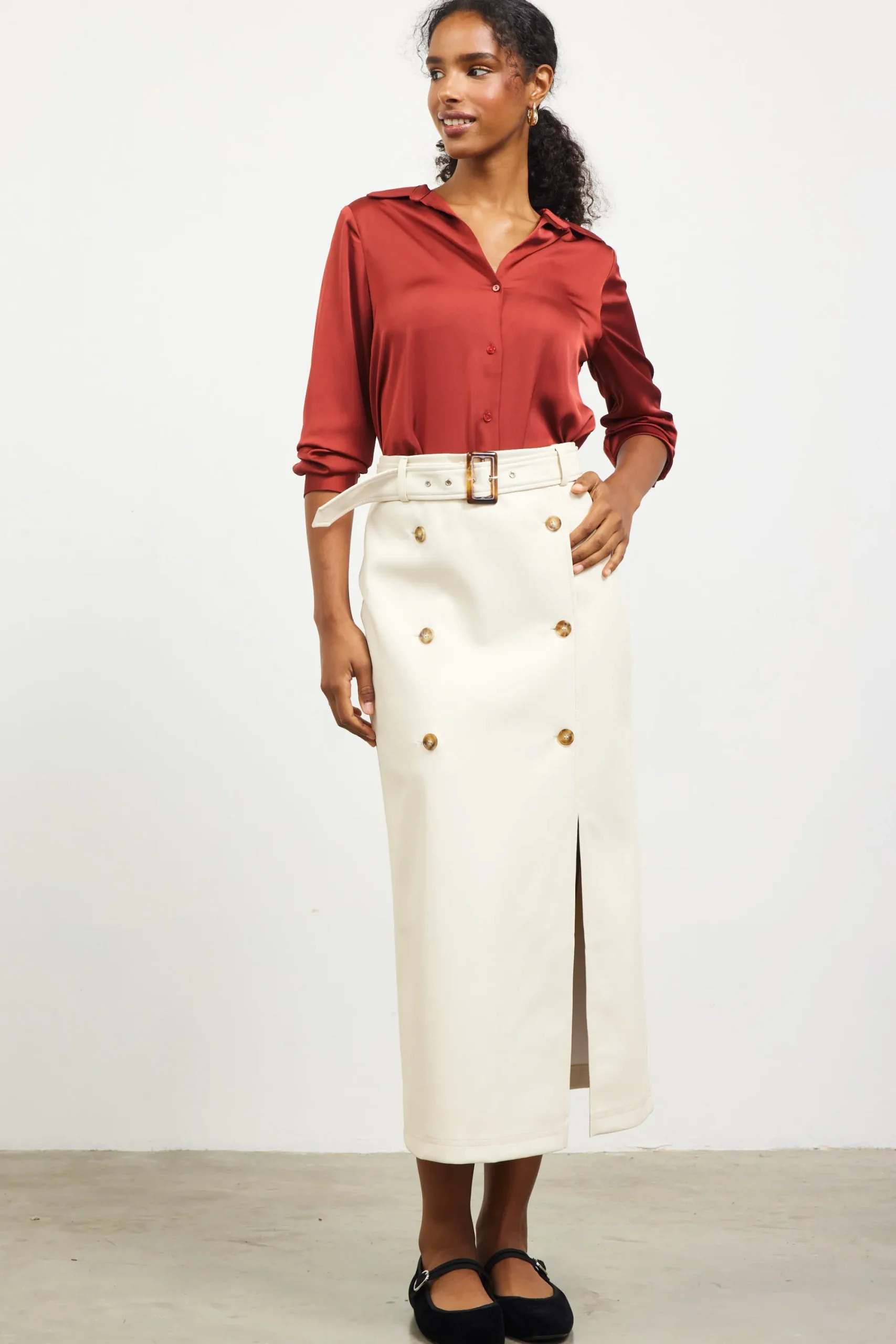 SKIES ARE BLUE Faux Leather Belted Midi Skirt* Skirts