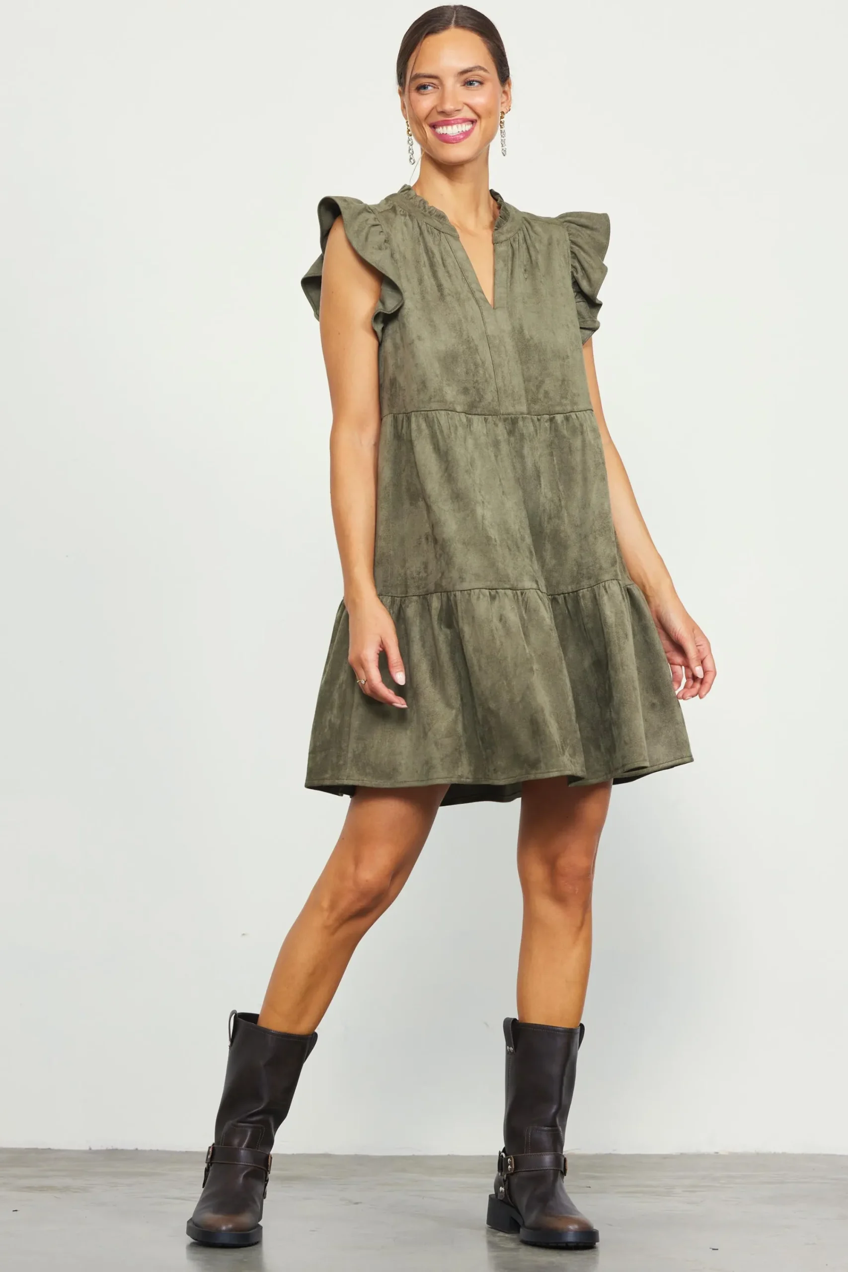 SKIES ARE BLUE Faux Suede Tiered Mini Dress* Mini Dresses