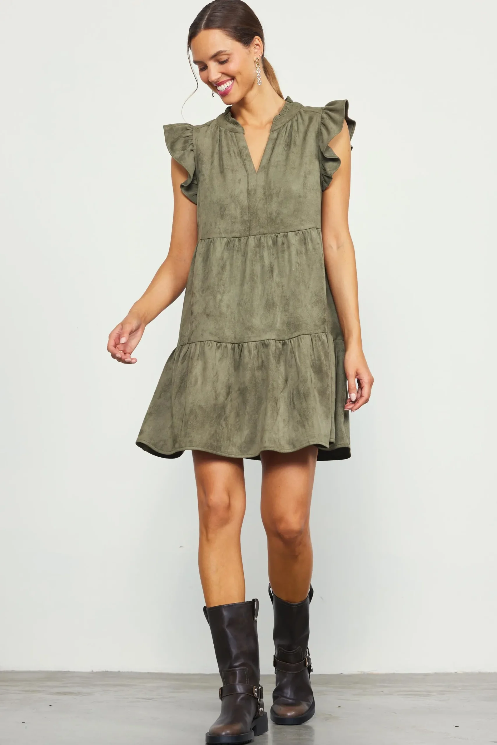 SKIES ARE BLUE Faux Suede Tiered Mini Dress* Mini Dresses