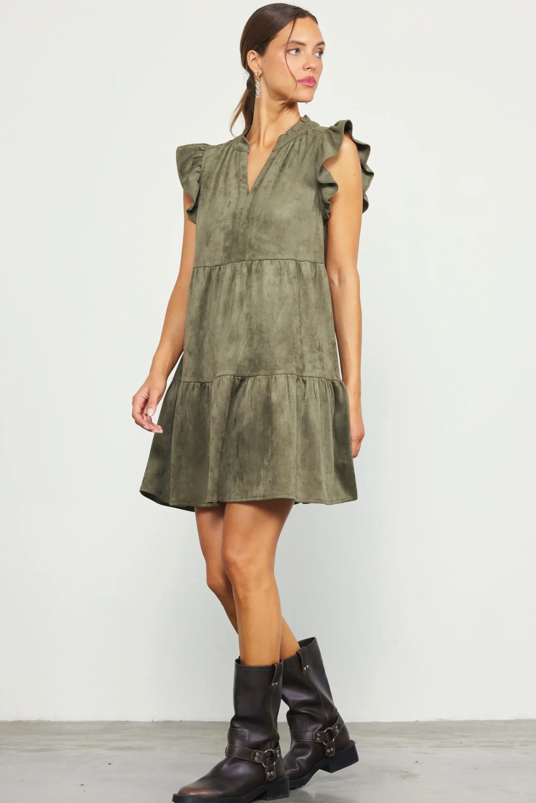 SKIES ARE BLUE Faux Suede Tiered Mini Dress* Mini Dresses
