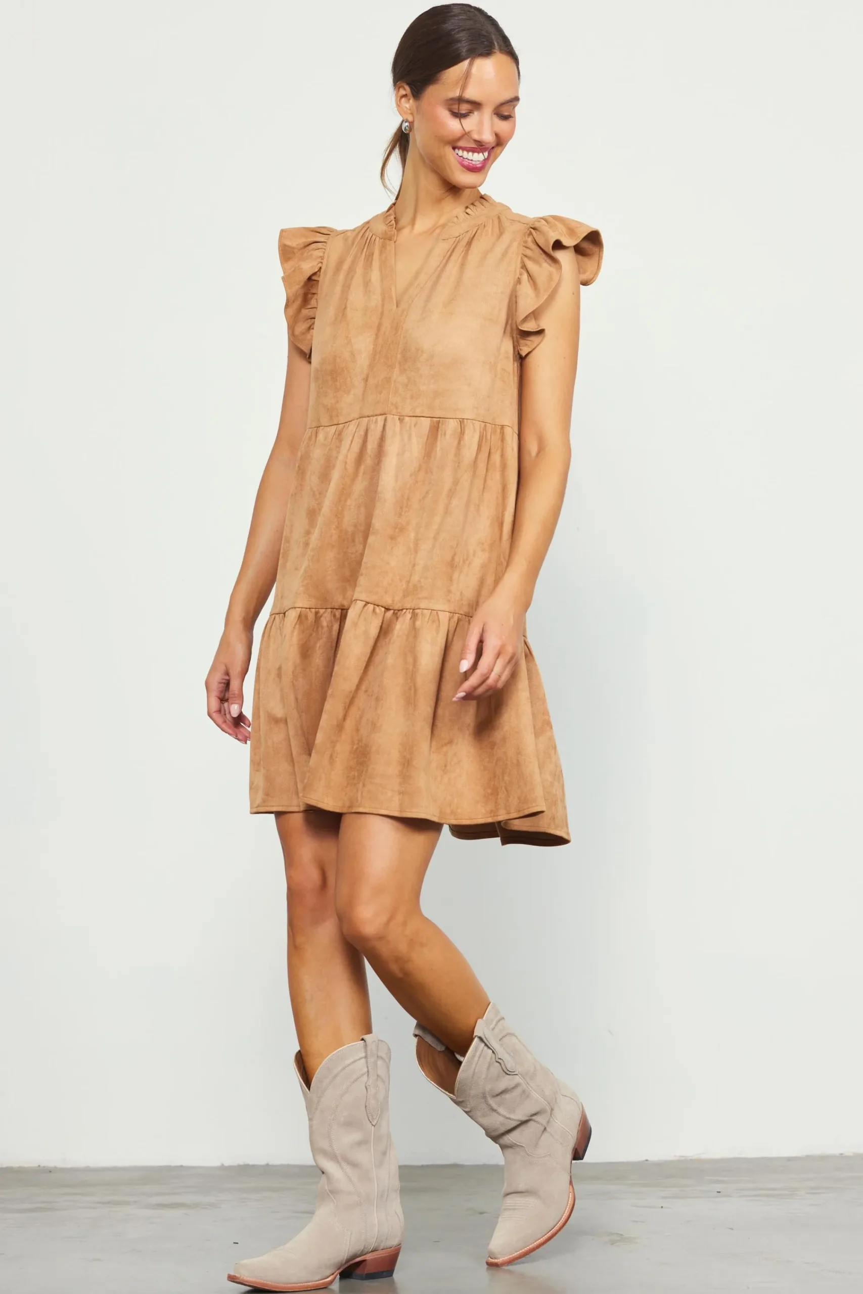 SKIES ARE BLUE Faux Suede Tiered Mini Dress* Mini Dresses