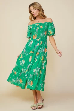 SKIES ARE BLUE Fleur Print Off Shoulder Midi Dress* Midi Dresses