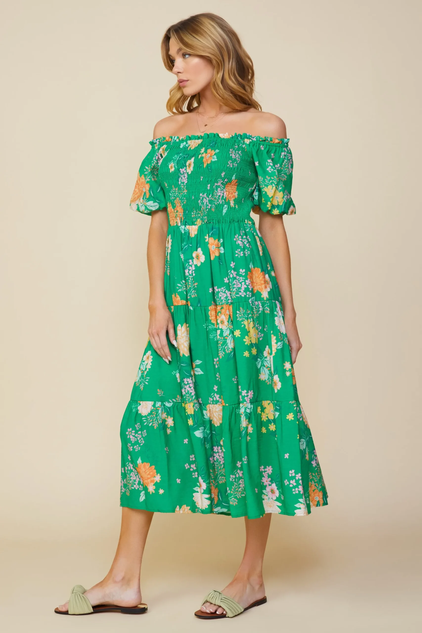 SKIES ARE BLUE Fleur Print Off Shoulder Midi Dress* Midi Dresses