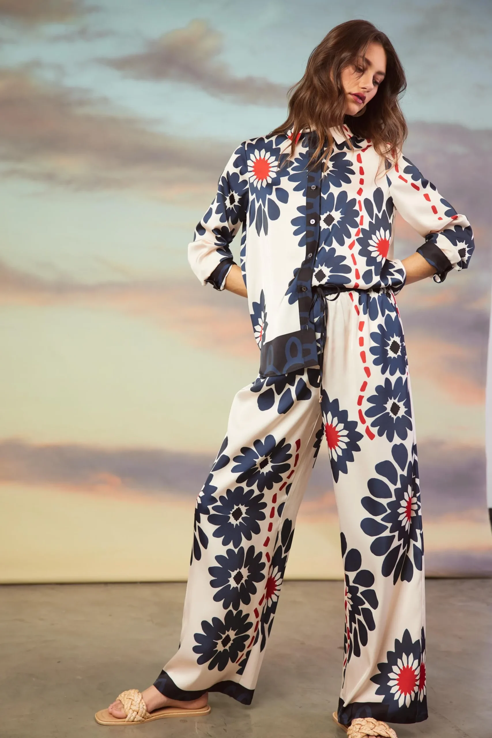 SKIES ARE BLUE Floral Print Elastic Waistband Pants* Pants