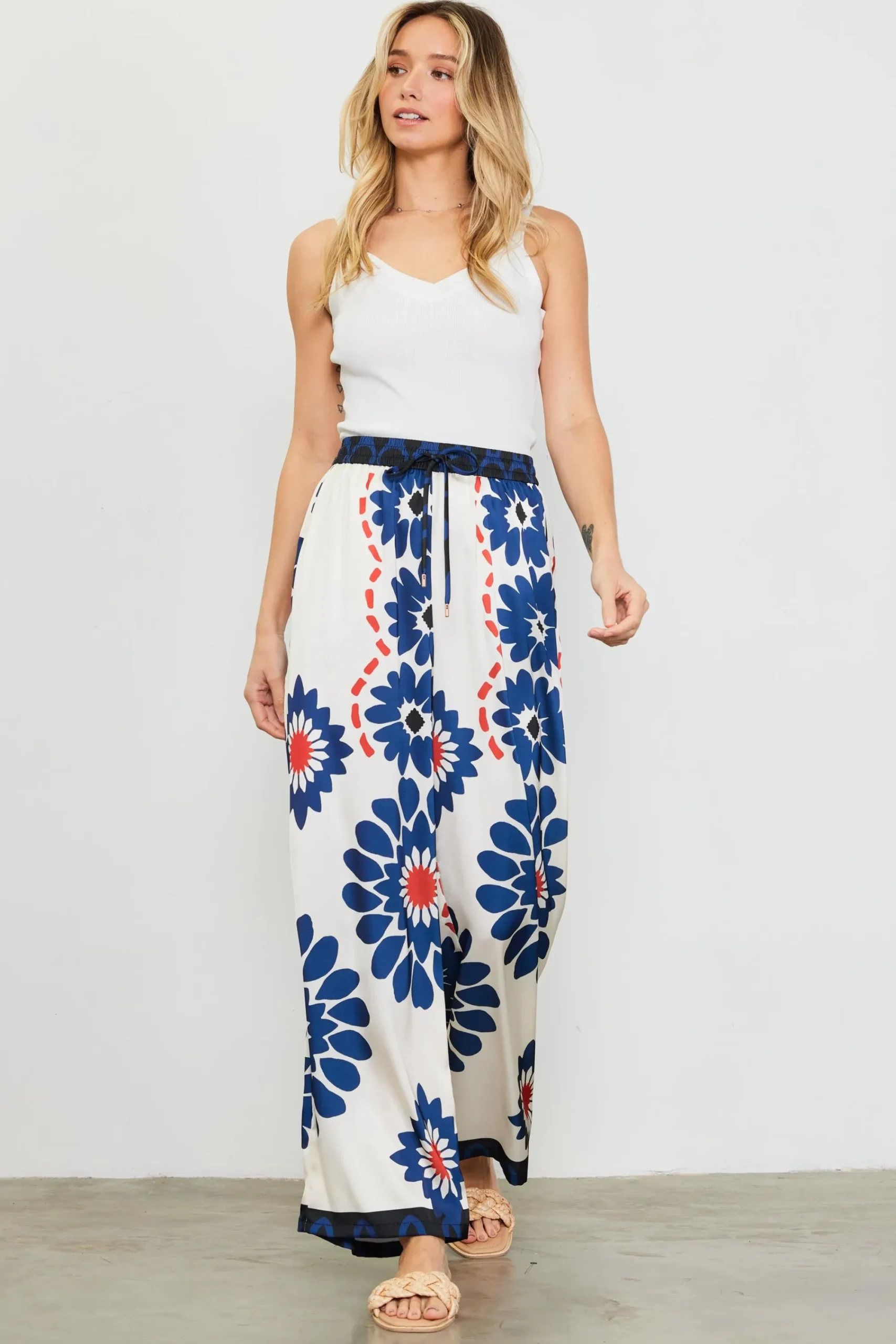 SKIES ARE BLUE Floral Print Elastic Waistband Pants* Pants