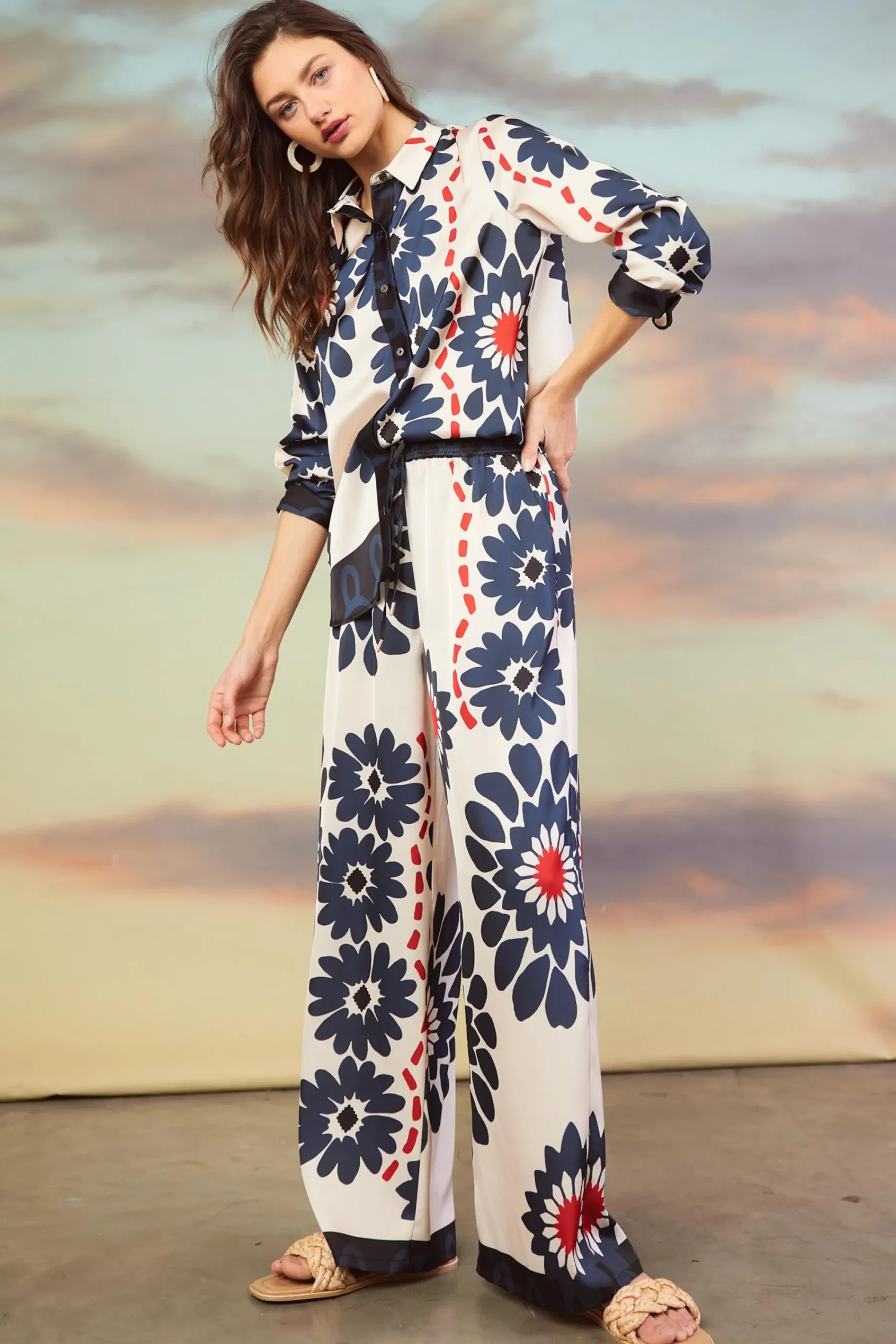 SKIES ARE BLUE Floral Print Elastic Waistband Pants* Pants
