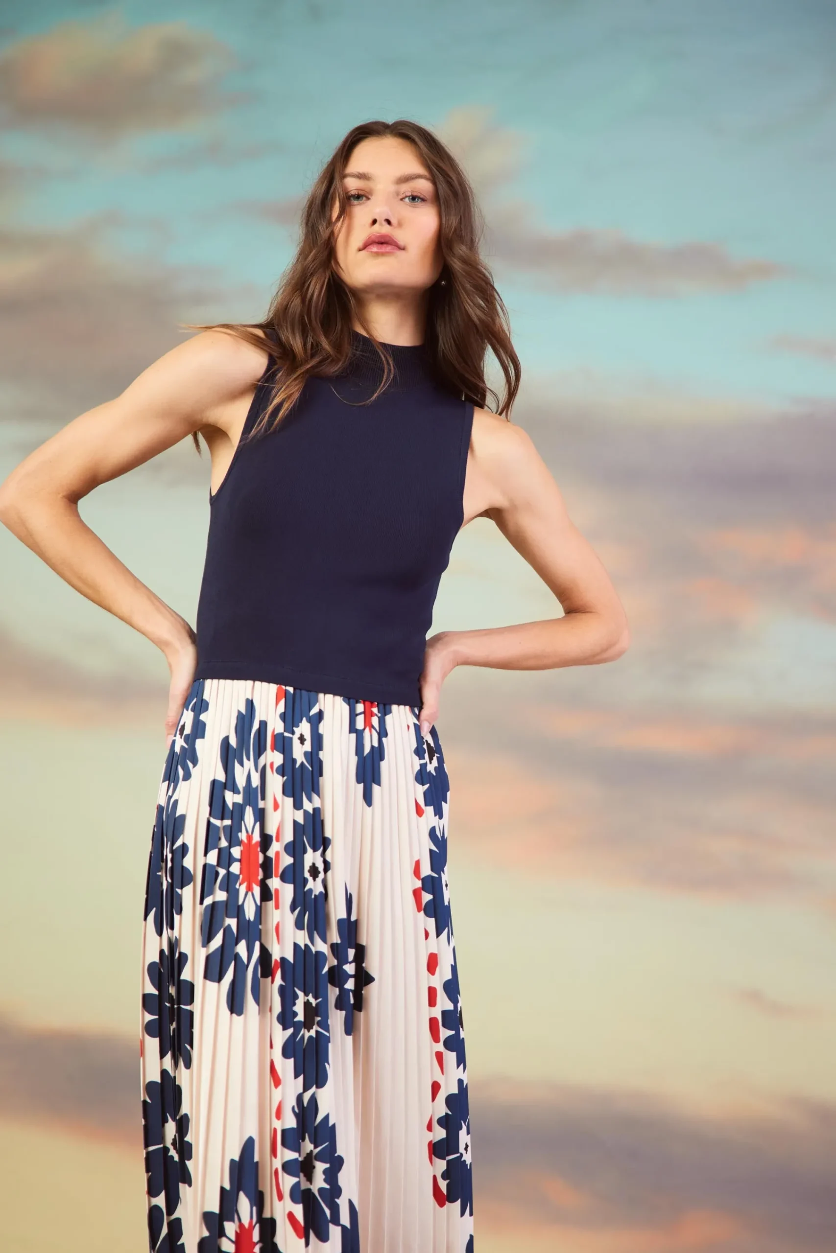 SKIES ARE BLUE Floral Print Mixed Media Dress* Midi Dresses