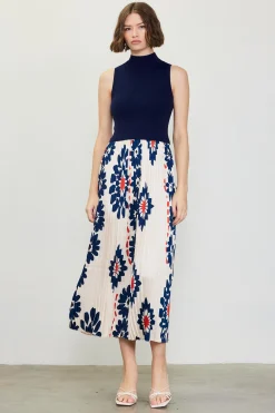 SKIES ARE BLUE Floral Print Mixed Media Dress* Midi Dresses