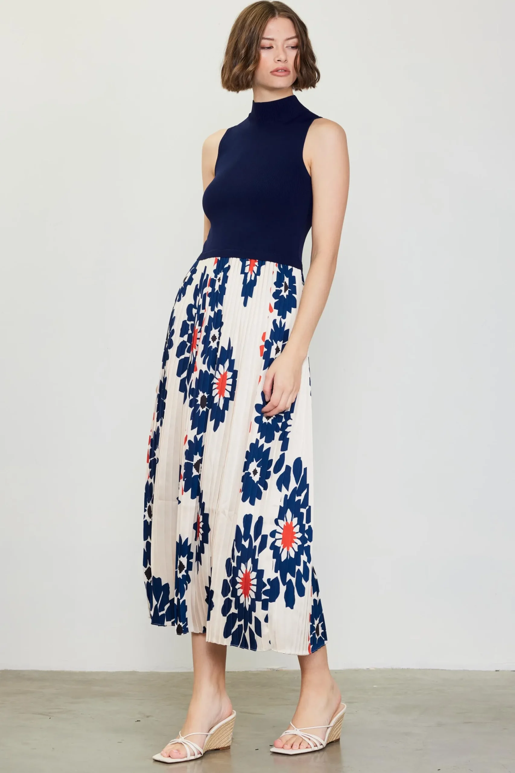 SKIES ARE BLUE Floral Print Mixed Media Dress* Midi Dresses