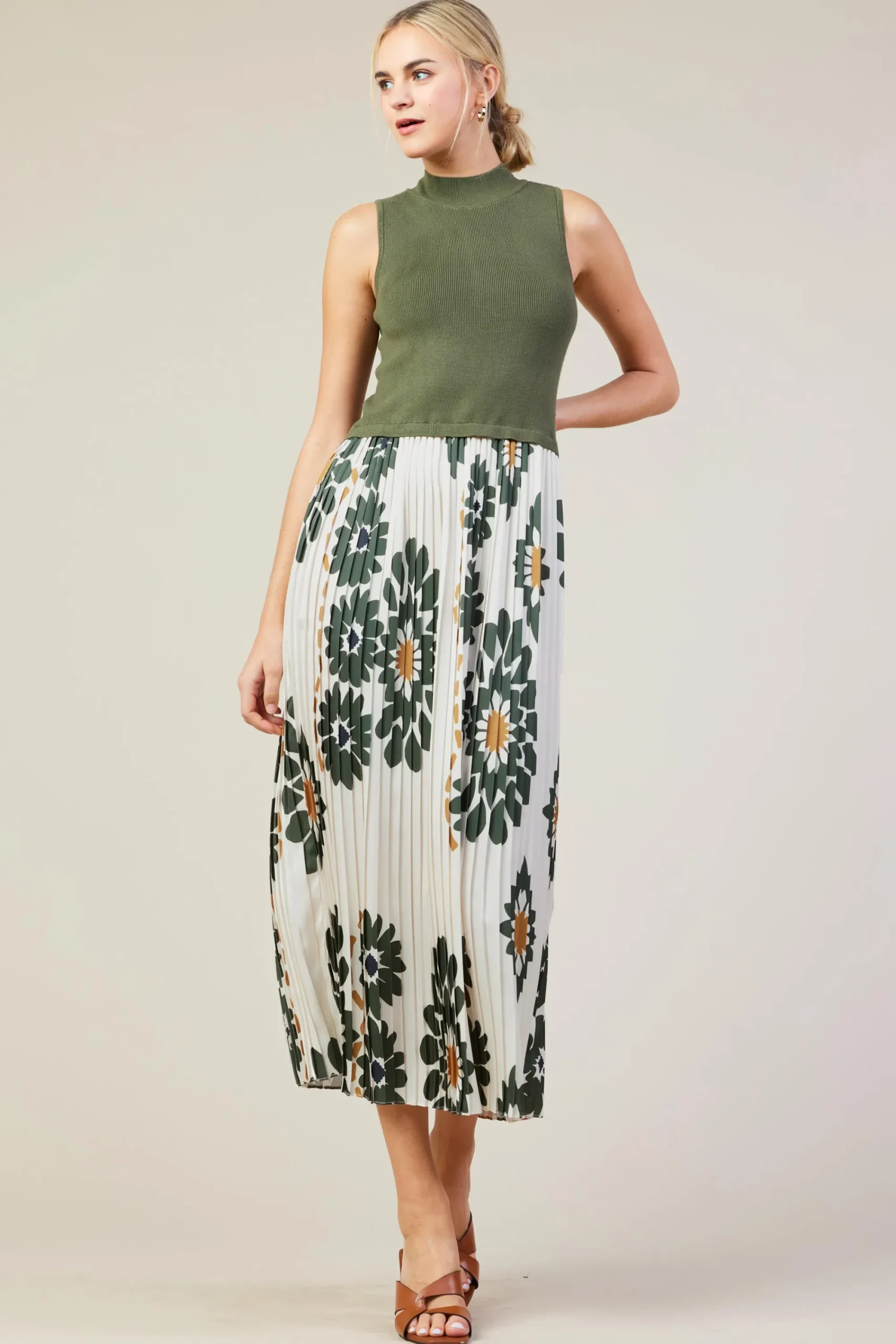SKIES ARE BLUE Floral Print Mixed Media Dress* Midi Dresses