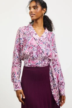 SKIES ARE BLUE Floral Print Waist Self Tie Top* Long Sleeve Tops