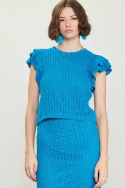 SKIES ARE BLUE Flutter Sleeve Crochet Sweater* Short Sleeve Tops|Sweaters