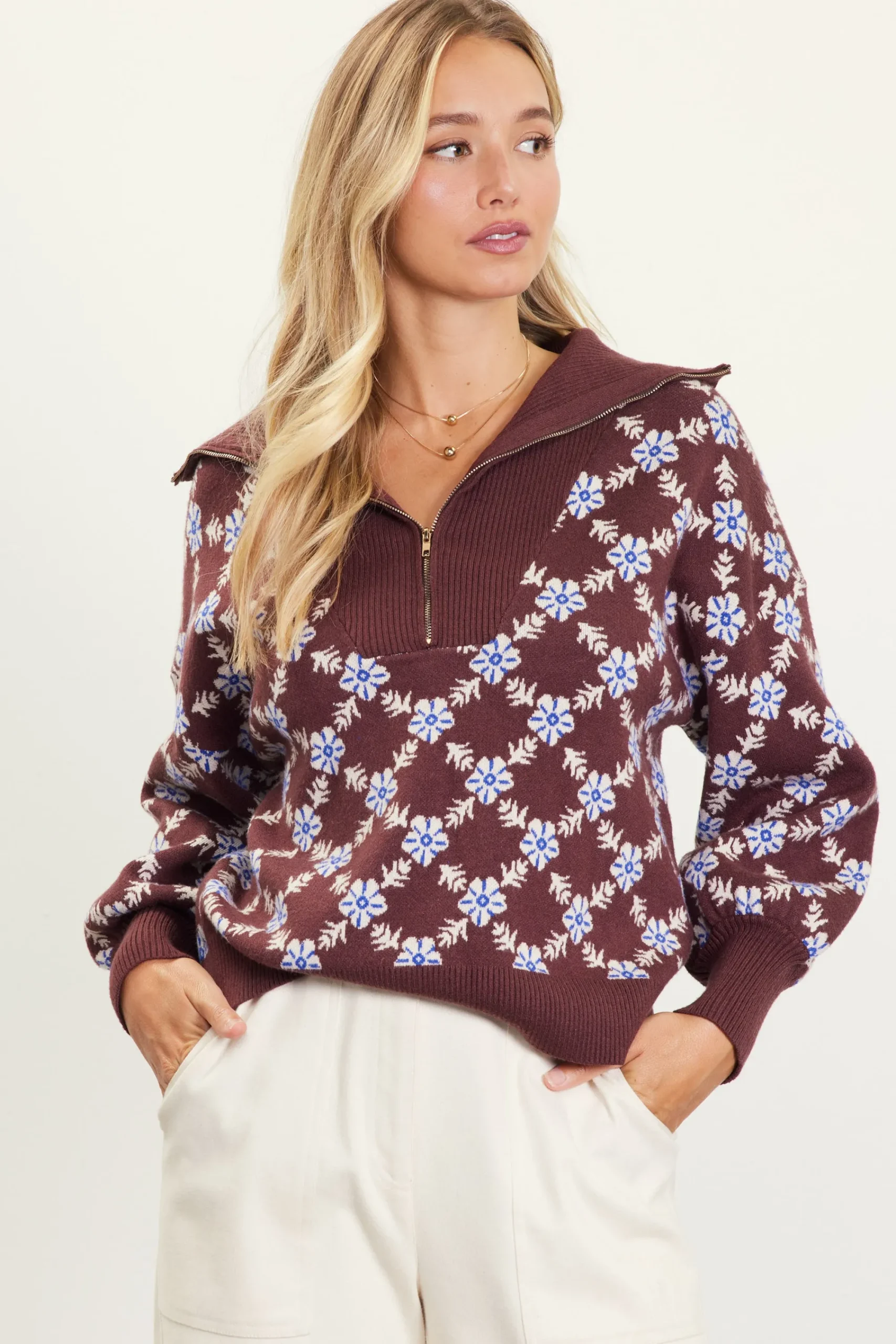 SKIES ARE BLUE Intarsia Knit Half Zip Sweater* Sweaters