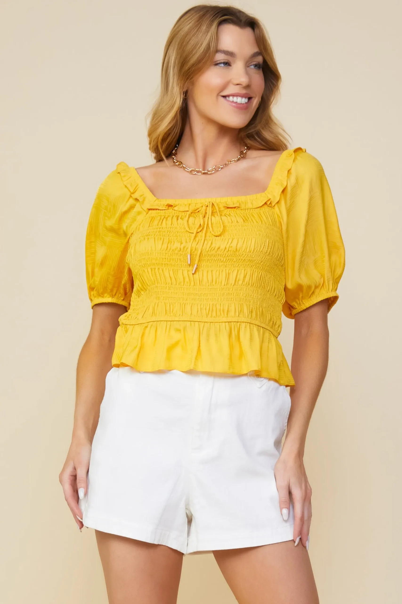 SKIES ARE BLUE Jacquard Satin Smocked Top* Short Sleeve Tops