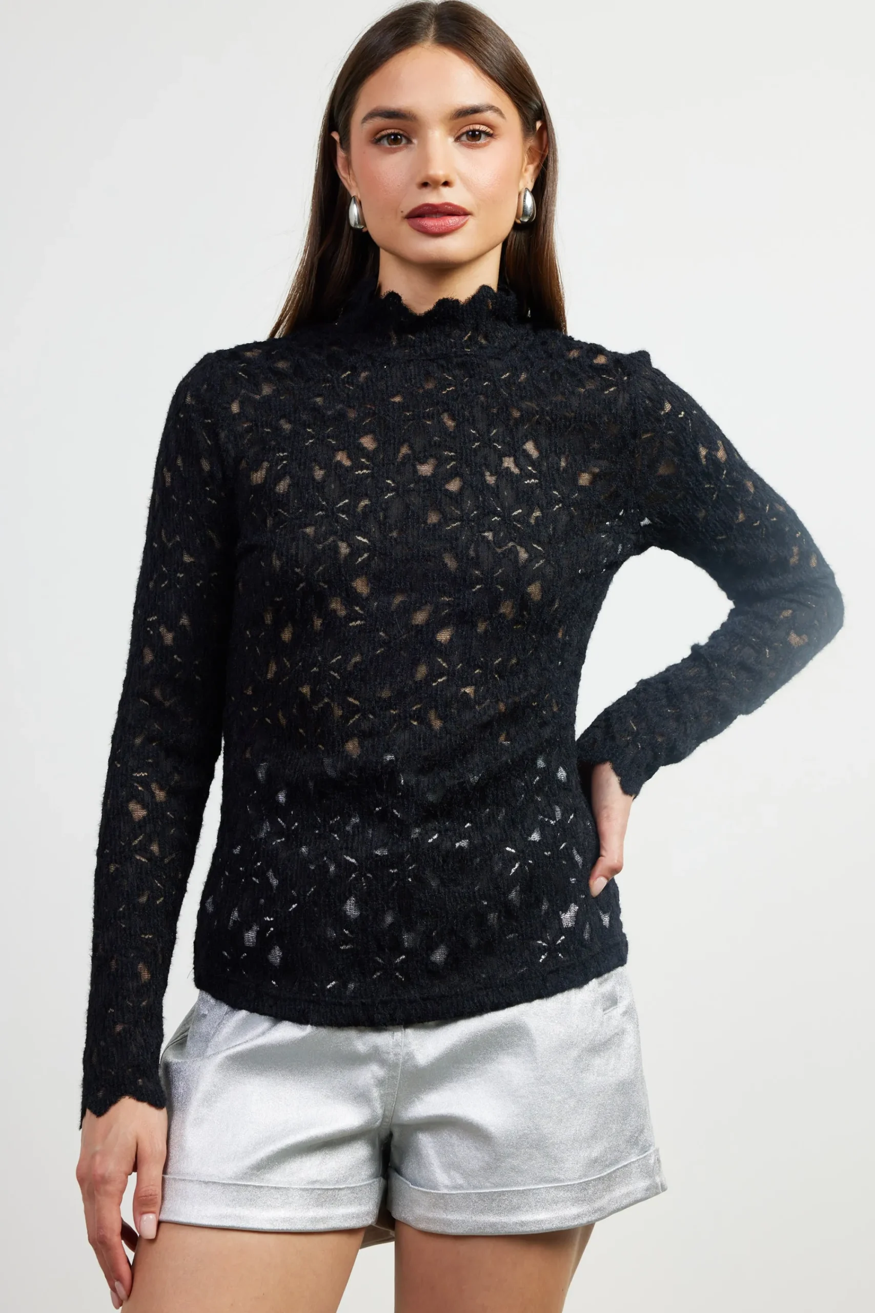 SKIES ARE BLUE Lace Mock Neck Top* Long Sleeve Tops