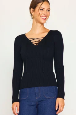 SKIES ARE BLUE Laced Up Long Sleeve Knit Top* Long Sleeve Tops