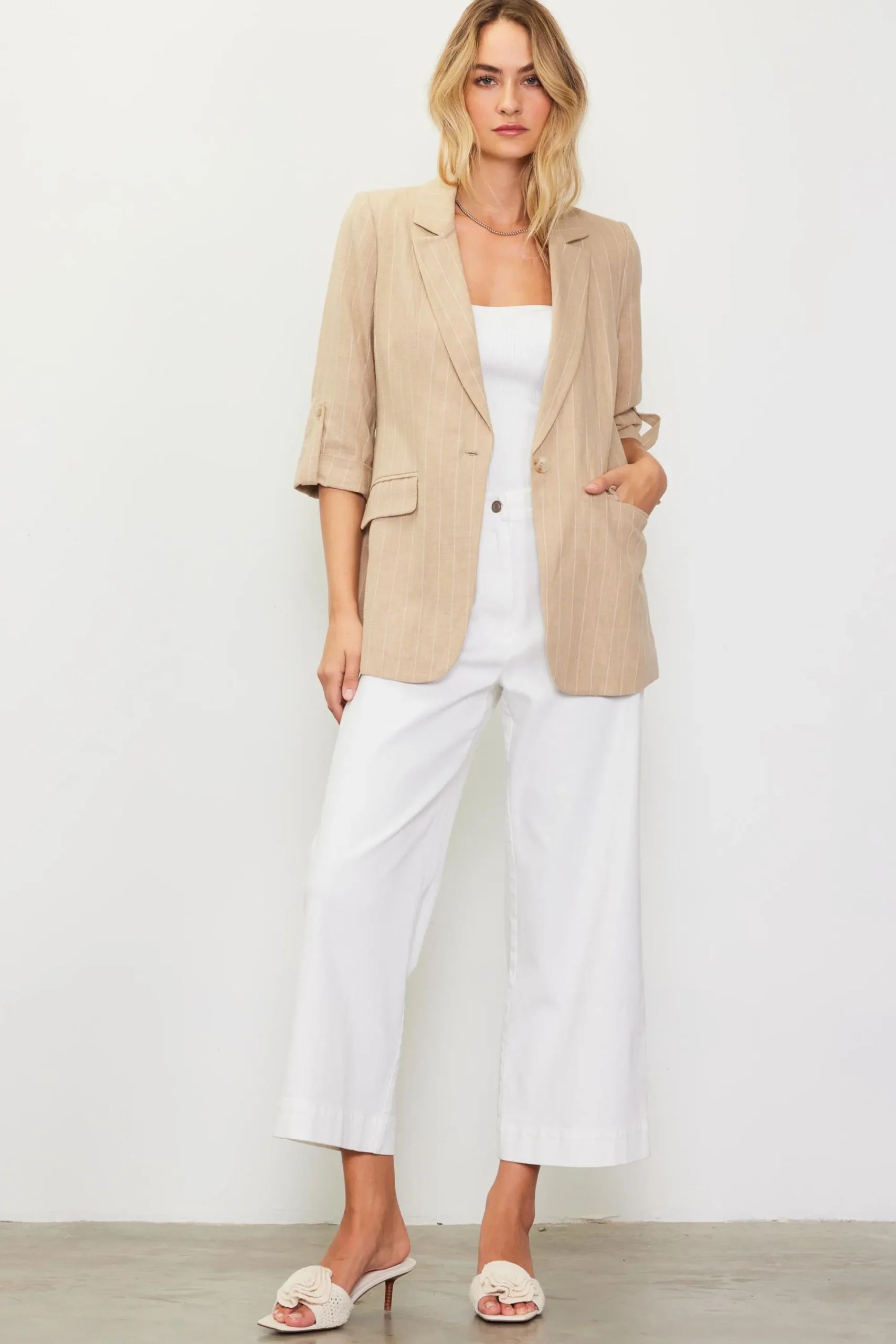 SKIES ARE BLUE Linen Pinstripe Cuffed Blazer* Blazers
