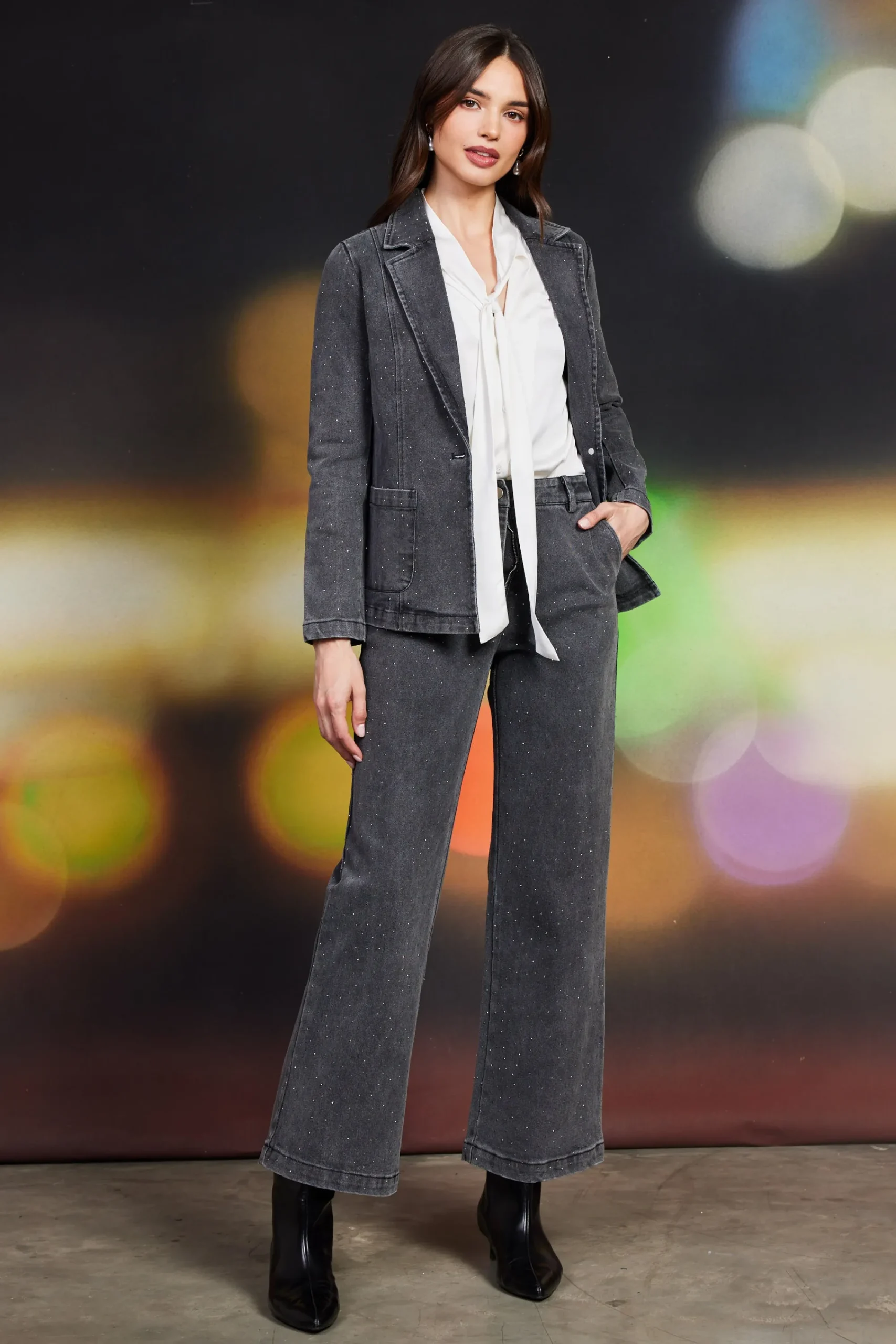 SKIES ARE BLUE Lydia Rhinestone Denim Blazer* Blazers