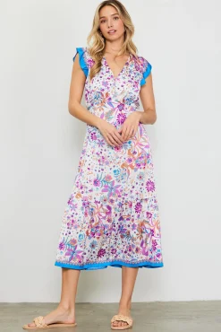 SKIES ARE BLUE Magnolia Border Print Flutter Sleeve Dress* Midi Dresses