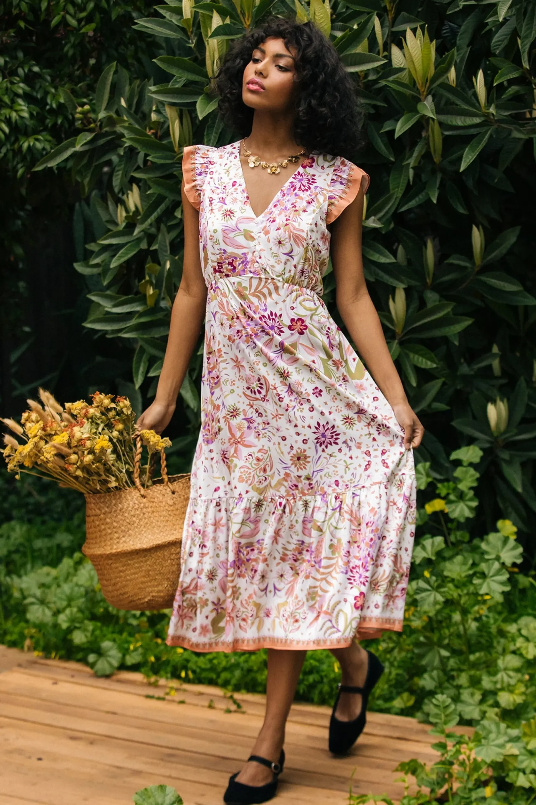SKIES ARE BLUE Magnolia Border Print Flutter Sleeve Dress* Midi Dresses