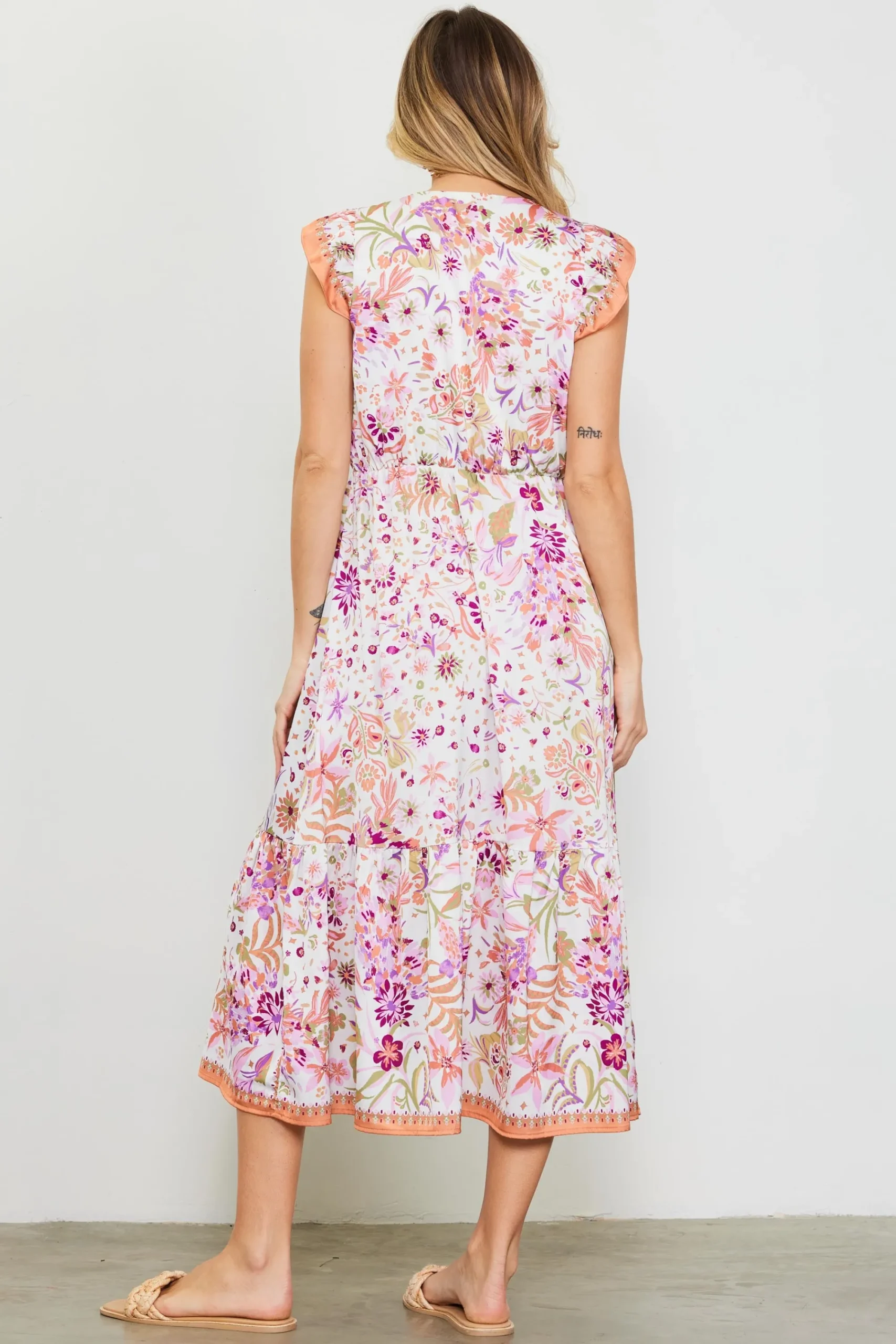 SKIES ARE BLUE Magnolia Border Print Flutter Sleeve Dress* Midi Dresses