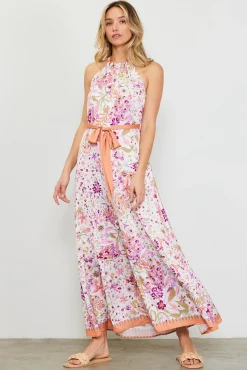 SKIES ARE BLUE Magnolia Border Print Halter Neck Maxi Dress* Maxi Dresses
