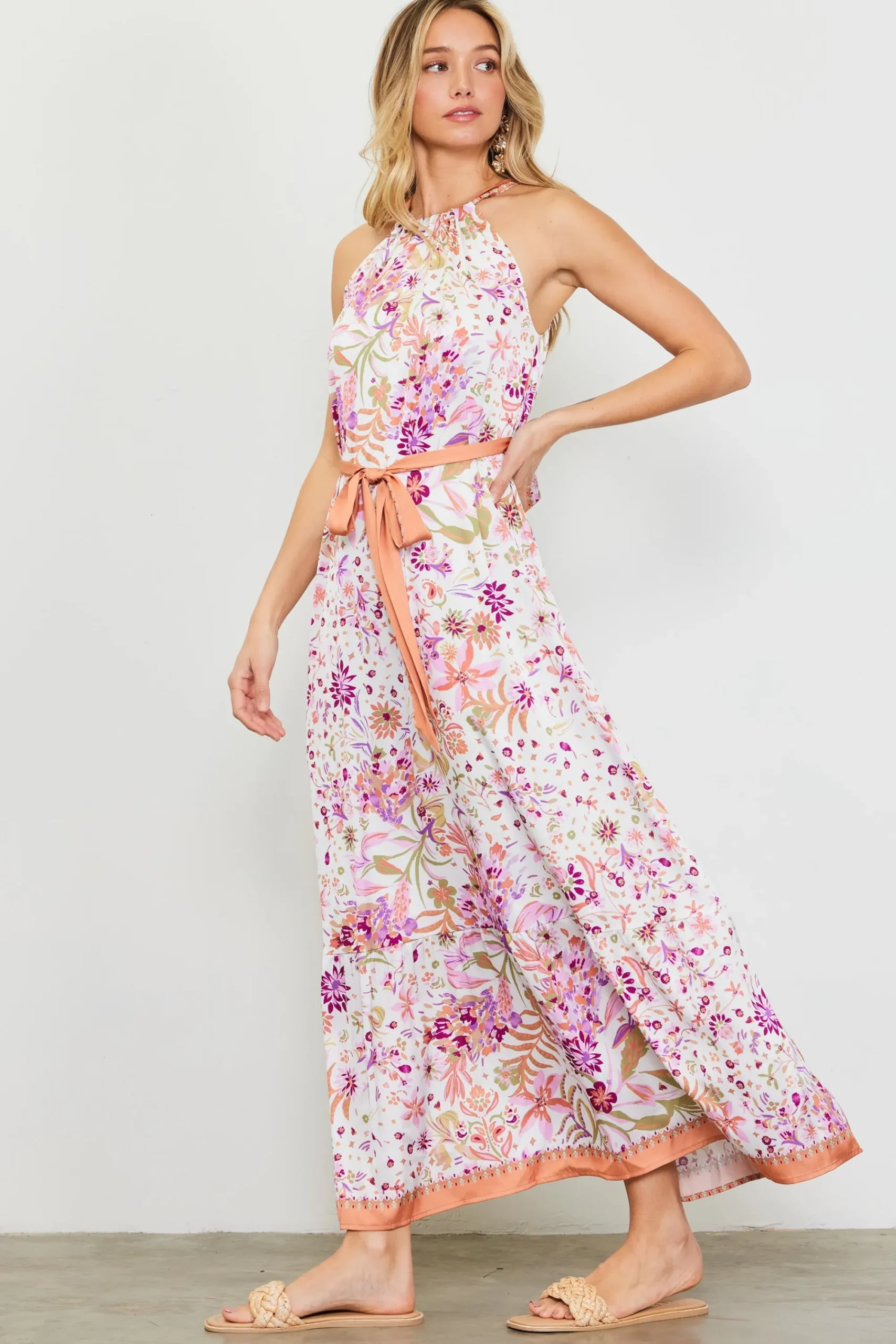 SKIES ARE BLUE Magnolia Border Print Halter Neck Maxi Dress* Maxi Dresses