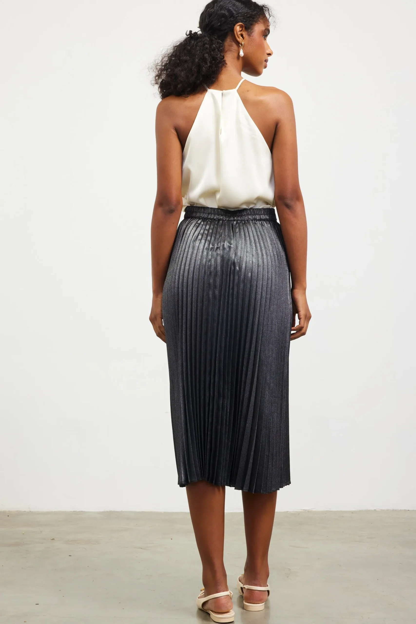 SKIES ARE BLUE Metallic Foil Pleated Midi Skirt* Skirts