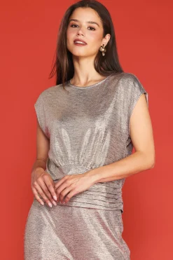 SKIES ARE BLUE Metallic Foil Print Shirred Waist Top* Short Sleeve Tops
