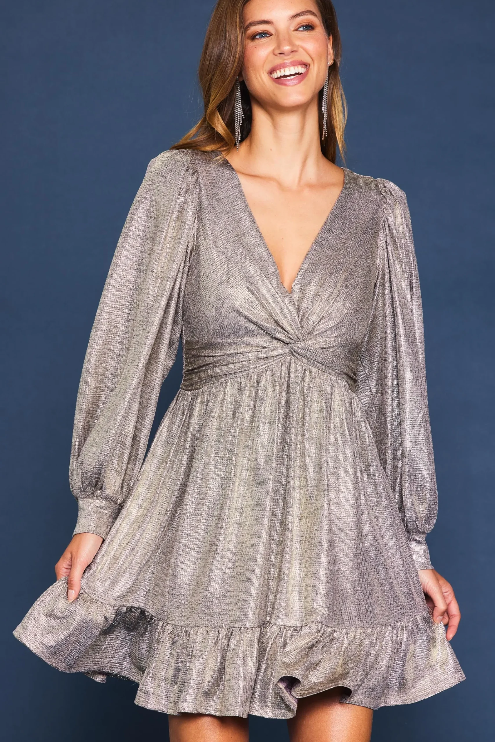 SKIES ARE BLUE Metallic Front Twist Mini Dress* Mini Dresses