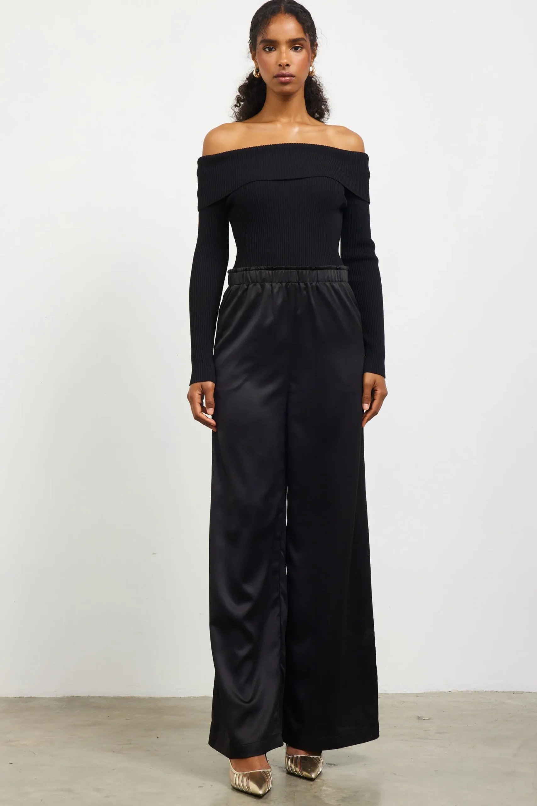 SKIES ARE BLUE Mixed Media Off-Shoulder Jumpsuit* Jumpsuits