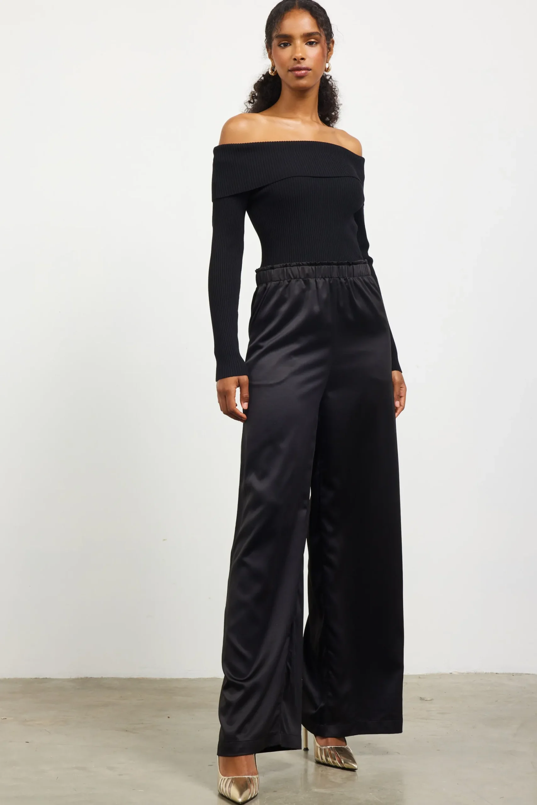 SKIES ARE BLUE Mixed Media Off-Shoulder Jumpsuit* Jumpsuits