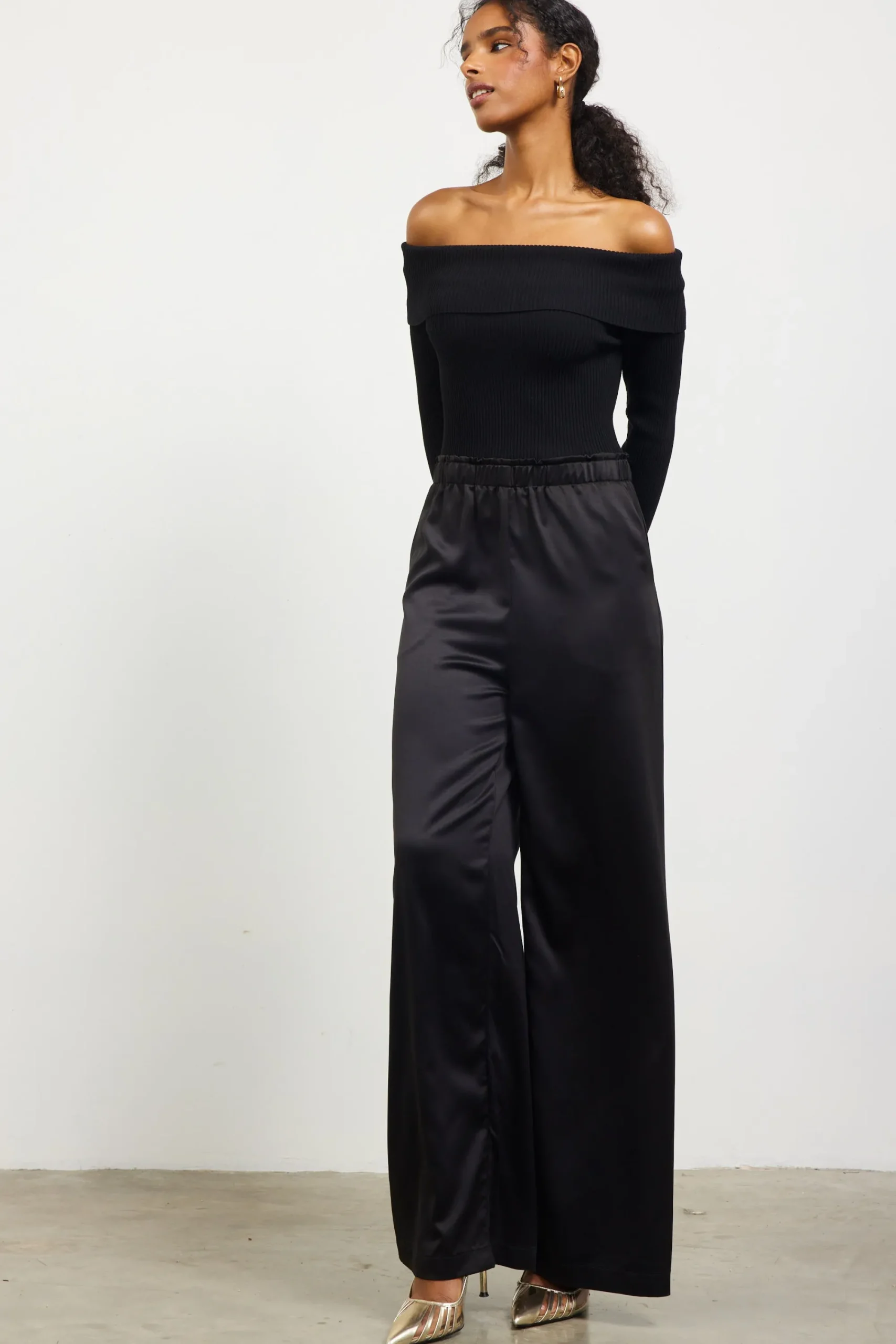 SKIES ARE BLUE Mixed Media Off-Shoulder Jumpsuit* Jumpsuits