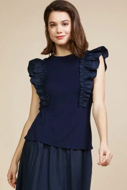 SKIES ARE BLUE Mixed Media Ruffled Knit Top* Sleeveless Tops