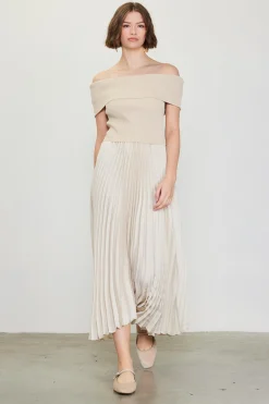 SKIES ARE BLUE Off Shoulder Mixed Media Pleated Dress* Midi Dresses