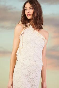 SKIES ARE BLUE One Shoulder Ruffle Trim Lace Top* Sleeveless Tops